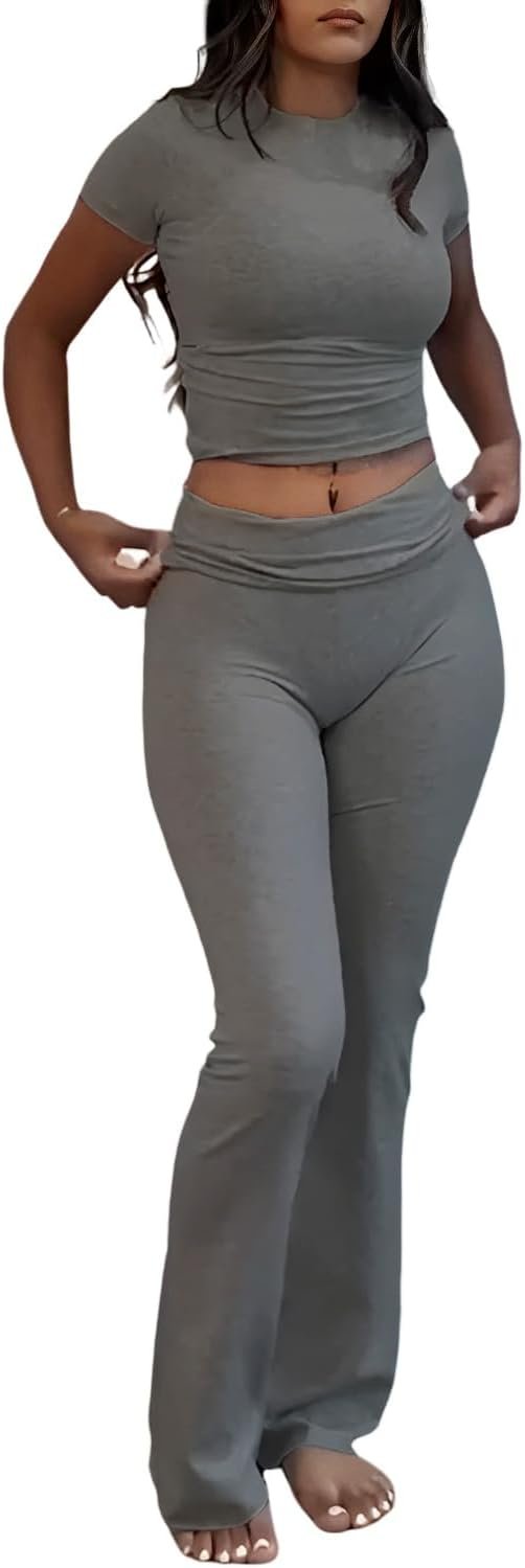 51h-2qb-oAL._AC_SL1500 Casual Workout Two Piece Outfits for Women Short Sleeve Crop High Waist Foldover Flare Pants Tracksuit Sets Streetwear