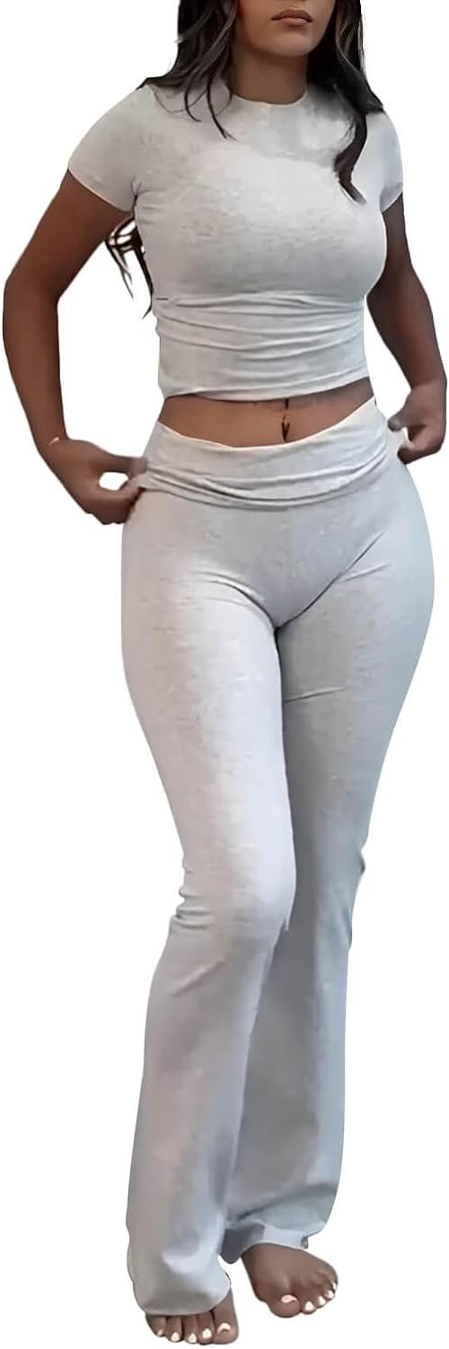 51huyWkc2XL._AC_SL1500 Casual Workout Two Piece Outfits for Women Short Sleeve Crop High Waist Foldover Flare Pants Tracksuit Sets Streetwear