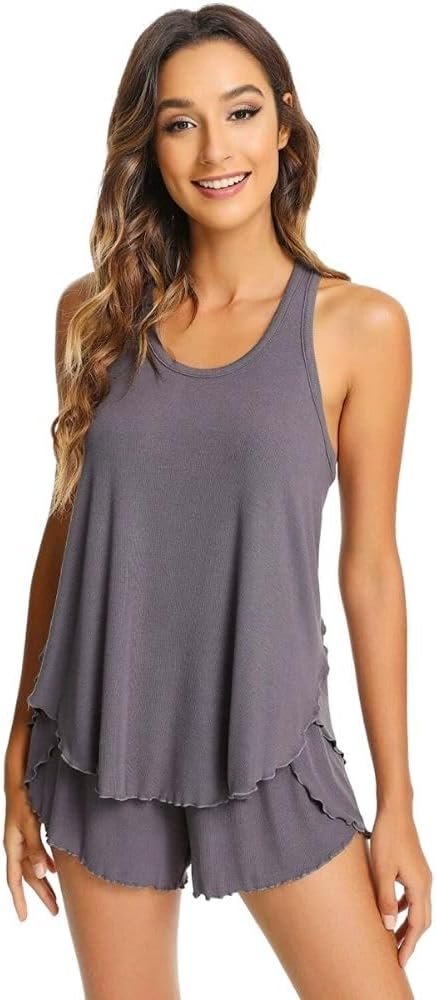 51j0ebSMNuL._AC_SL1000 Pajamas Set for Women Viscose Made from Bamboo - Ribbed Racerback Tank Top Soft Sleepwear Pjs Shorts Nightwear Loungewear