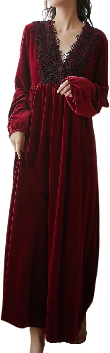 51jw4_2LWZL._AC_SL1500 Women's Long Sleeve Nightgown Velvet Sleep Dress Ruffle Crew Neck Mid-length Nightdress