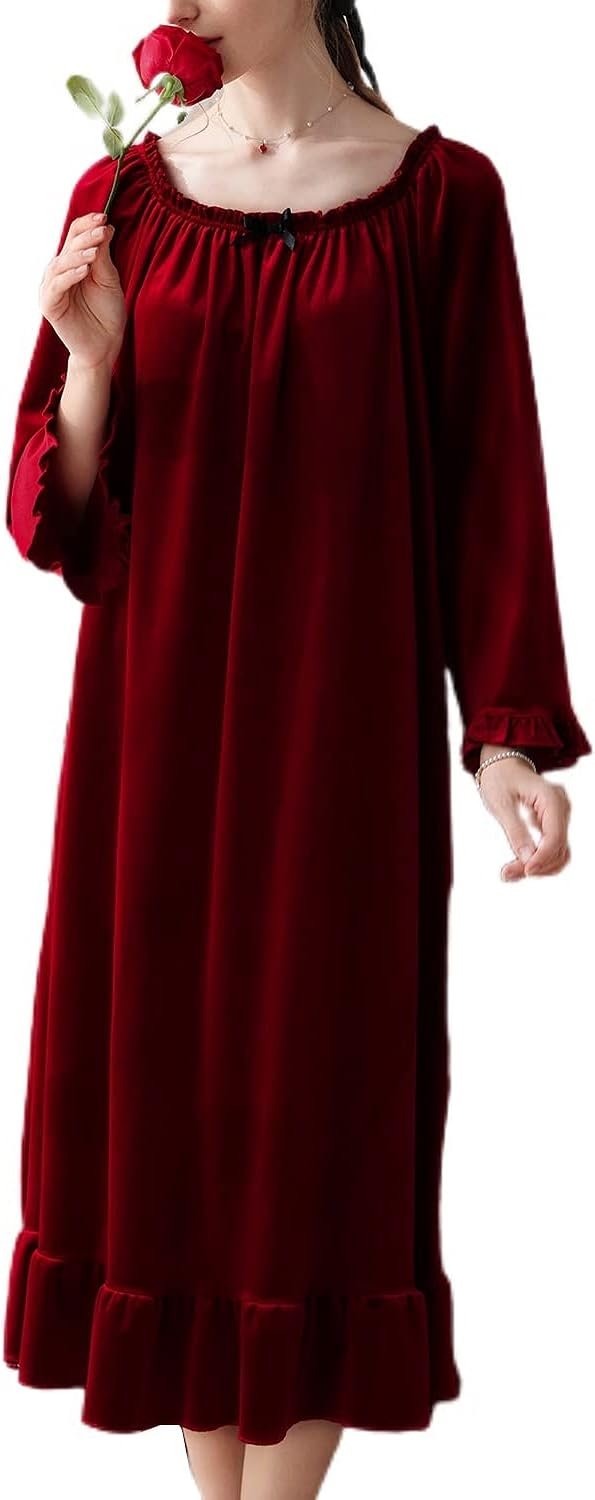 51keSf4p5mL._AC_SL1500 Women's Long Sleeve Nightgown Velvet Sleep Dress Ruffle Crew Neck Mid-length Nightdress