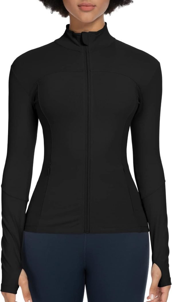 51l4_CbWEqL._AC_SL1500 Workout Jackets for Women Full Zip Athletic Running Track Jacket with Pockets Slim Fit Yoga Jacket with Thumb Holes