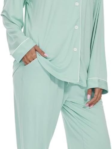 51mlSvoIR1L._AC_SL1400 Womens Bamboo Pajama Set Long Sleeve Button Down, Soft Pj Pants with Pockets, Lightweight Sleepwear Loungewear