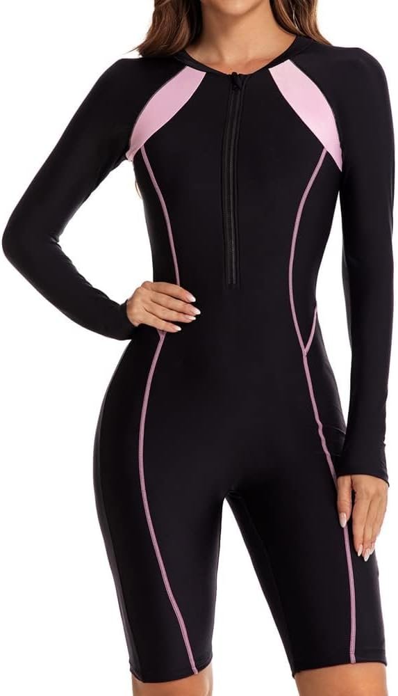 51neGhGXJyL._AC_SL1000 Women's One Piece Long Sleeve Rash Guard Knee High Bathing Suits Swimsuit Sport Surfing Wear Athletic Swimwear
