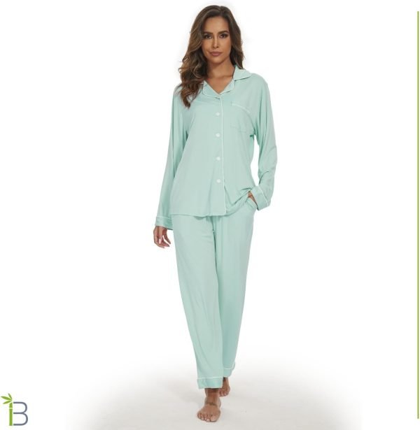 51pKhGlLhGL._AC_SL1400 Womens Bamboo Pajama Set Long Sleeve Button Down, Soft Pj Pants with Pockets, Lightweight Sleepwear Loungewear