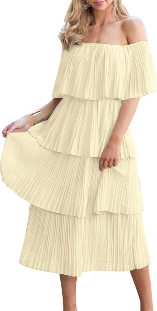 51rZ1qKlaQL._AC_SL1000 Women's Off The Shoulder Ruffles Summer Valentines Day Loose Casual Chiffon Long Party Beach Maxi Dress