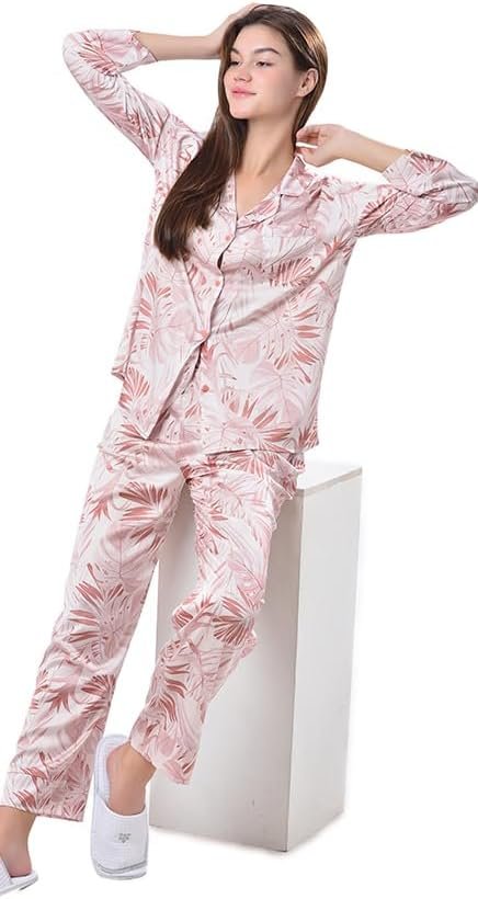 51tW1yisAJL._AC Women's Silky Satin Pajamas Set Long sleeve and Pants Sleepwear Soft and Comfy Button Down Loungewear Relaxed Fit