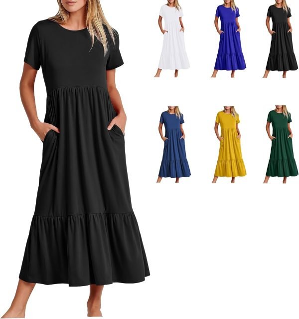 Womens Summer Dresses Casual Short Sleeve Crewneck Swing Dress Casual Tiered t Shirt Dress with Pockets 2024 Trendy Outfits