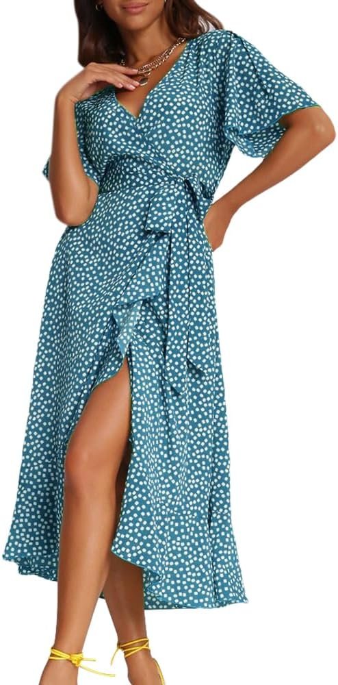 61-BvY4hG6L._AC_SL1000 Women's Short Sleeve Satin Dress Button Down with Belt Maxi Shirt Dresses