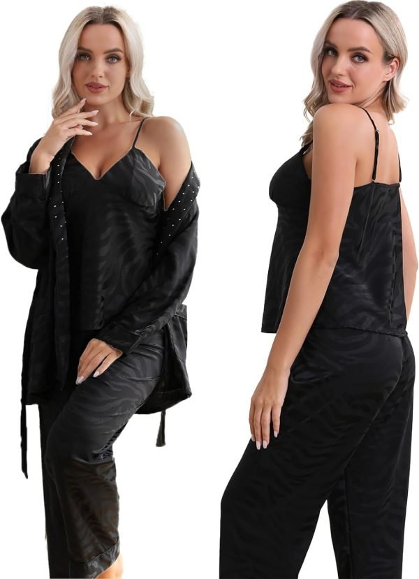 61-nKiNLLsL._AC_SL1500 Womens Silk Satin Pajama Sets,Zebra Strips Comfy Robe and Pants Women Pajamas,Silky Camisole Woman Pjs Set 3 Pieces