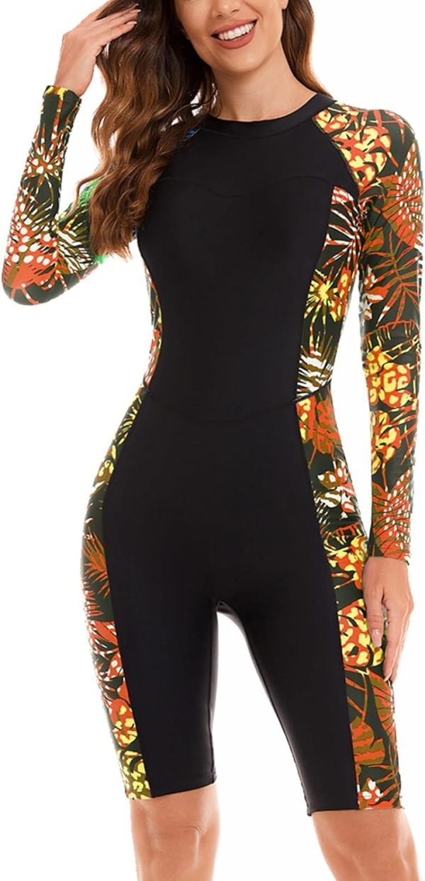 61-rlB2fb4L._AC_SL1500 Women Zip Rash Guard Long Sleeve One Piece Splice Swimsuit UPF 50+ Tummy Control Surfing Bathing Suits Boyshort Bottom