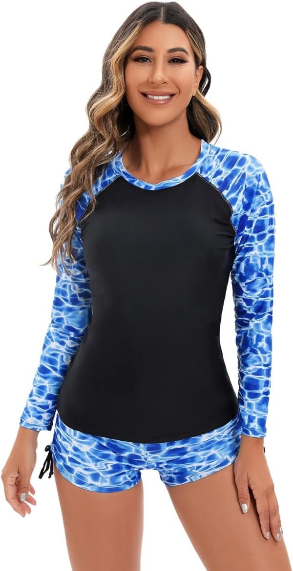 610oT_mQo_L._AC_SL1500 Women 2 Piece Rash Guard Long Sleeve Swimsuits Swim Shirt with Shorts Set Sun Protection UPF 50+ Surf Bathing Suits