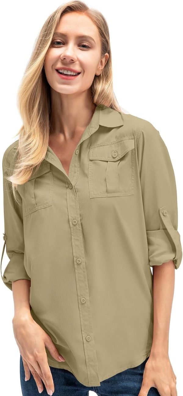 611hUbStc_L._AC_SL1500 Women's Quick Dry Sun UV Protection Convertible Long Sleeve Safari Shirts for Hiking Camping Fishing Sailing