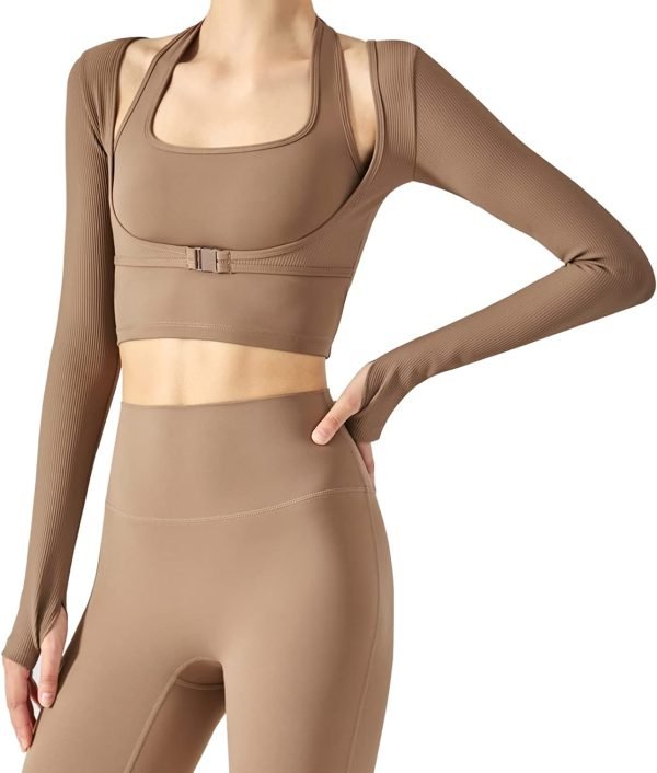 Women's Stretch Cutout Yoga Sports Jacket Long Sleeve Crop Top T Shirts with Thumb Holes