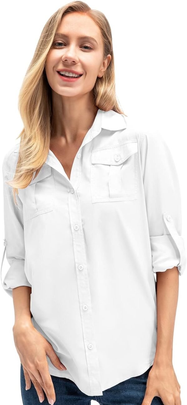 61213JZnzsL._AC_SL1500 Women's Quick Dry Sun UV Protection Convertible Long Sleeve Safari Shirts for Hiking Camping Fishing Sailing