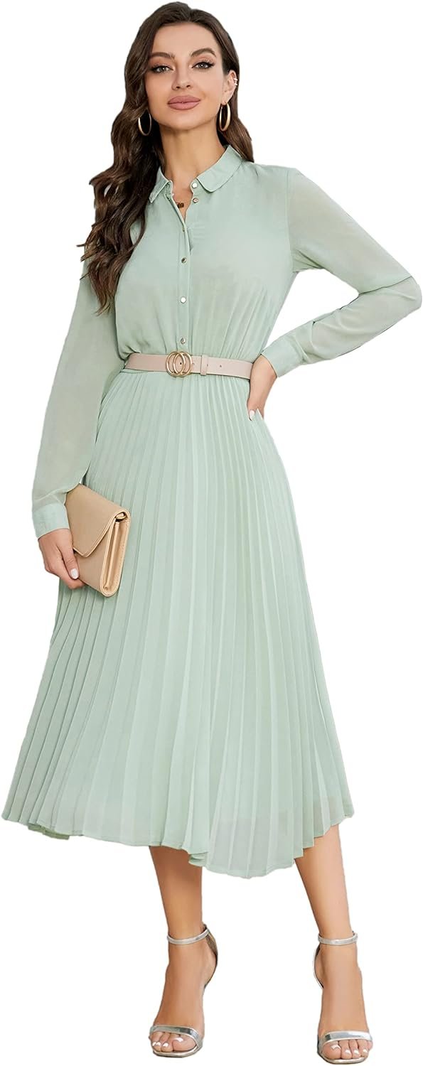 6134_cU84GL._AC_SL1500 Business Casual Shirt Dress for Women Long Sleeves Pleated Midi Dresses with Belt