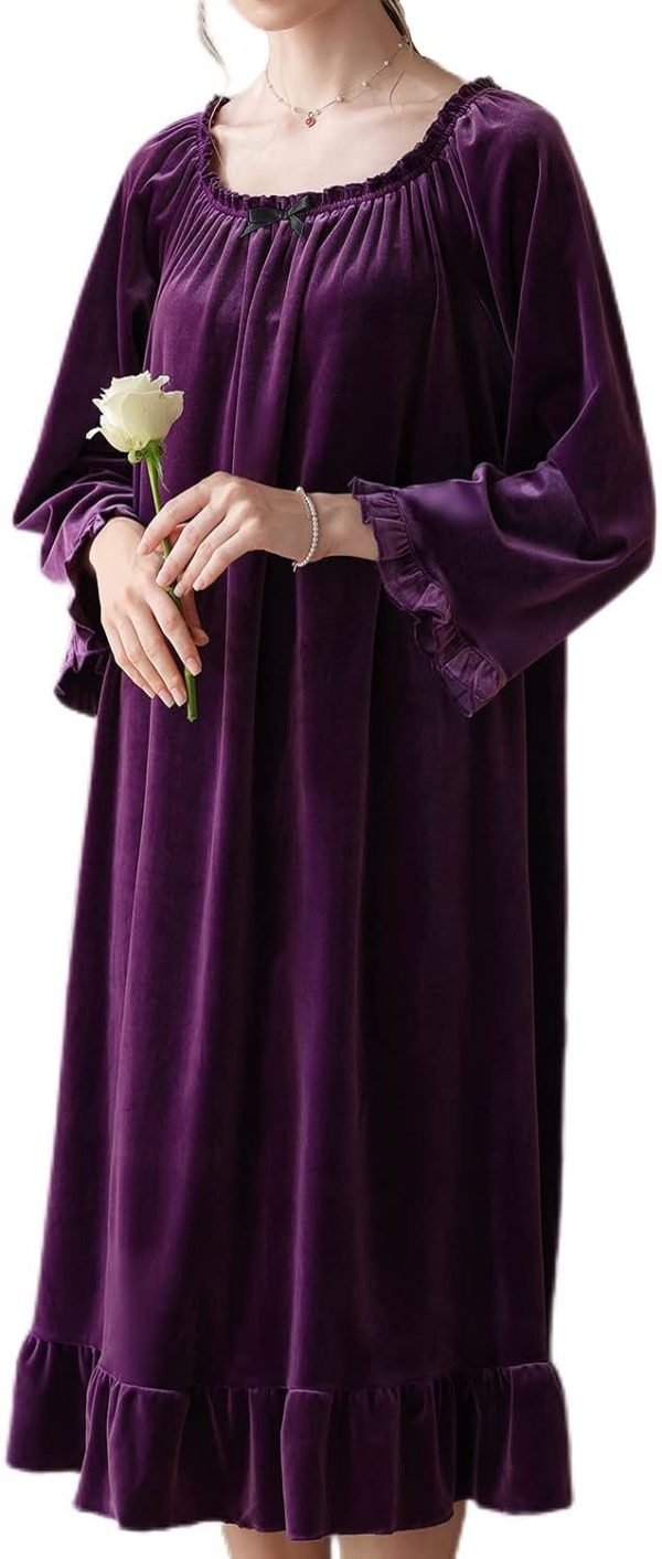 613lLNUlPFL._AC_SL1500 Women's Long Sleeve Nightgown Velvet Sleep Dress Ruffle Crew Neck Mid-length Nightdress