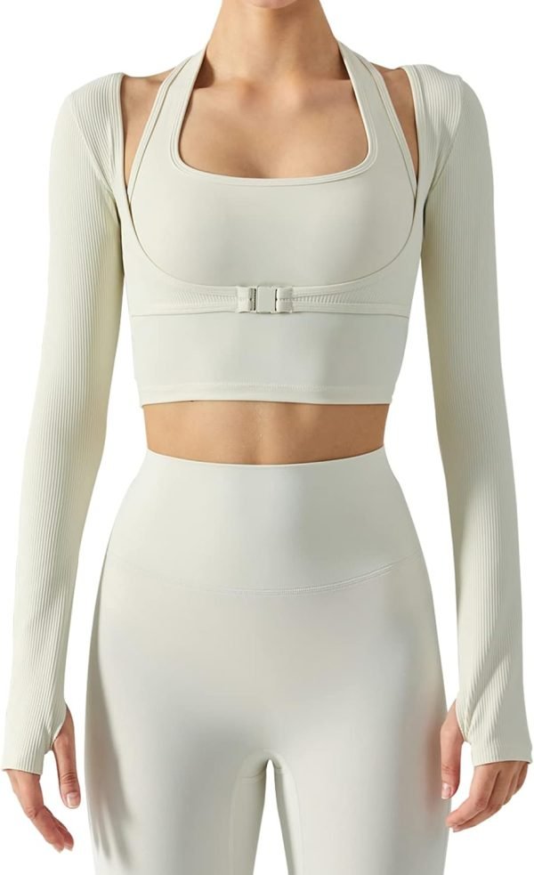 Women's Stretch Cutout Yoga Sports Jacket Long Sleeve Crop Top T Shirts with Thumb Holes