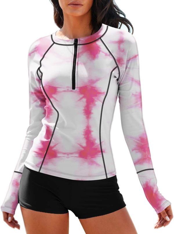 614nLrX3LbL._AC_SL1500 Women Two Piece Rash Guard Long Sleeve Half-Zipper UPF 50 Athletic Surfing Swimsuit