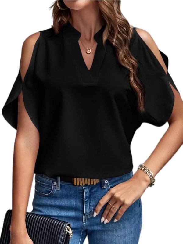 616LQ4DGD4L._AC_SL1067 Women's Cold Shoulder Tops Summer Fashion Short Sleeve V Neck Casual Loose Solid Color Blouse Shirts
