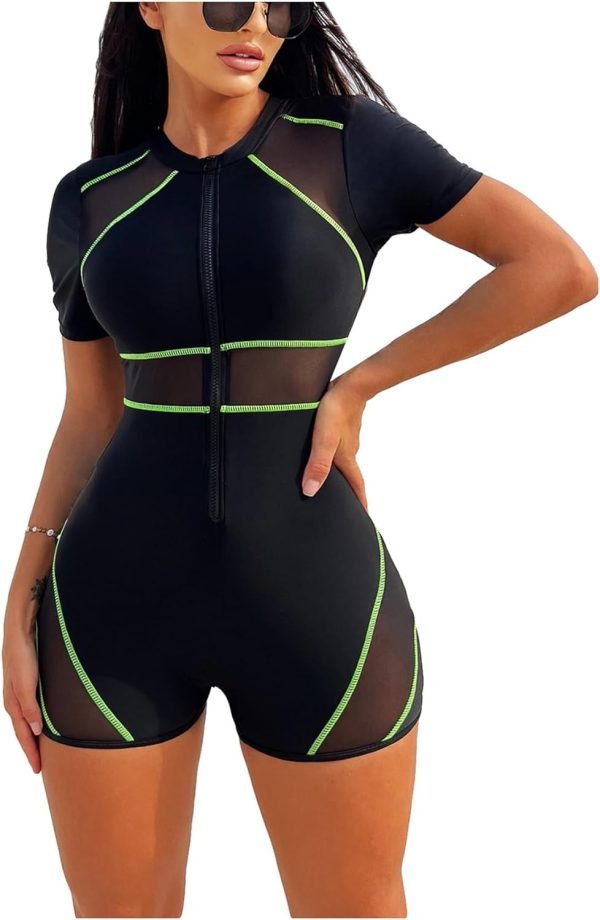 616wscxfapL._AC_SL1500 Women's Colorblock Mesh Zipper Diving Suit One Piece Swimsuit Short Sleeve Bathing Suit