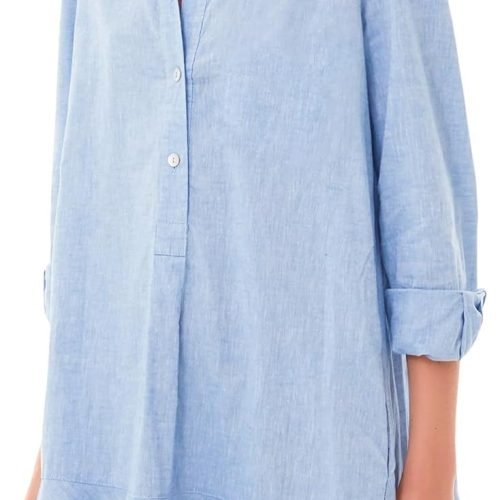 617Nr5DX4IL._AC_SL1500 Women's Tunic Mini Shirt Dress Cotton Long Sleeve Ruffle Hem Dress Button Up Shift Chambray Dresses