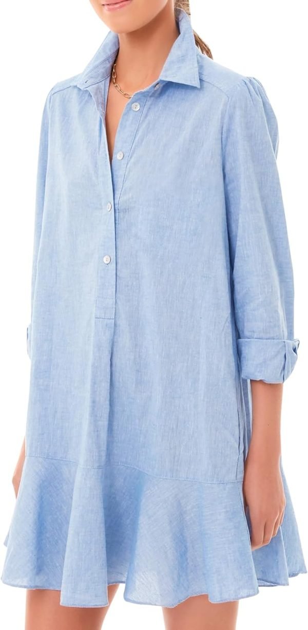 617Nr5DX4IL._AC_SL1500 Women's Tunic Mini Shirt Dress Cotton Long Sleeve Ruffle Hem Dress Button Up Shift Chambray Dresses