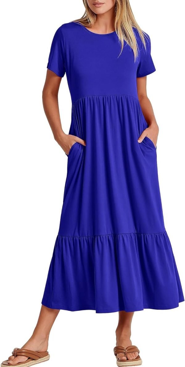 6182karascL._AC_SL1500 Women's Summer Casual Short Sleeve Crewneck Swing Dress Flowy Tiered Maxi Beach Dress with Pockets