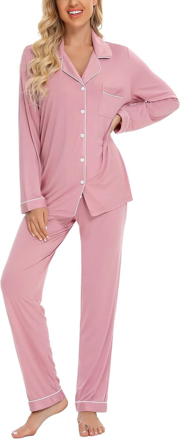 619J2T2PUAL._AC_SL1500 Pajamas Set Long Sleeve Womens Button Down Sleepwear Two Piece Nightwear Soft Pj Lounge Sets S-XXL