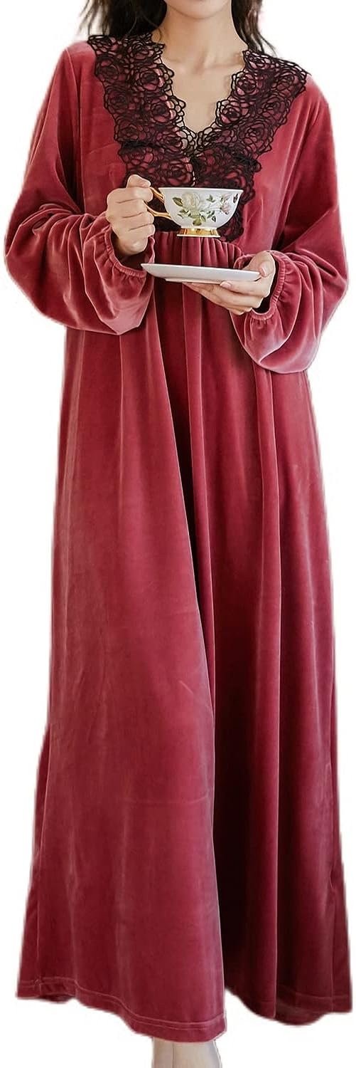 619Svo3UhEL._AC_SL1500 Women's Long Sleeve Nightgown Velvet Sleep Dress Ruffle Crew Neck Mid-length Nightdress