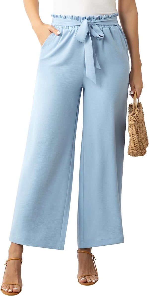 Womens Wide Leg Lounge Pants High Waisted Business Work Casual Pants Adjustable Tie Knot Loose Trousers with Pocket