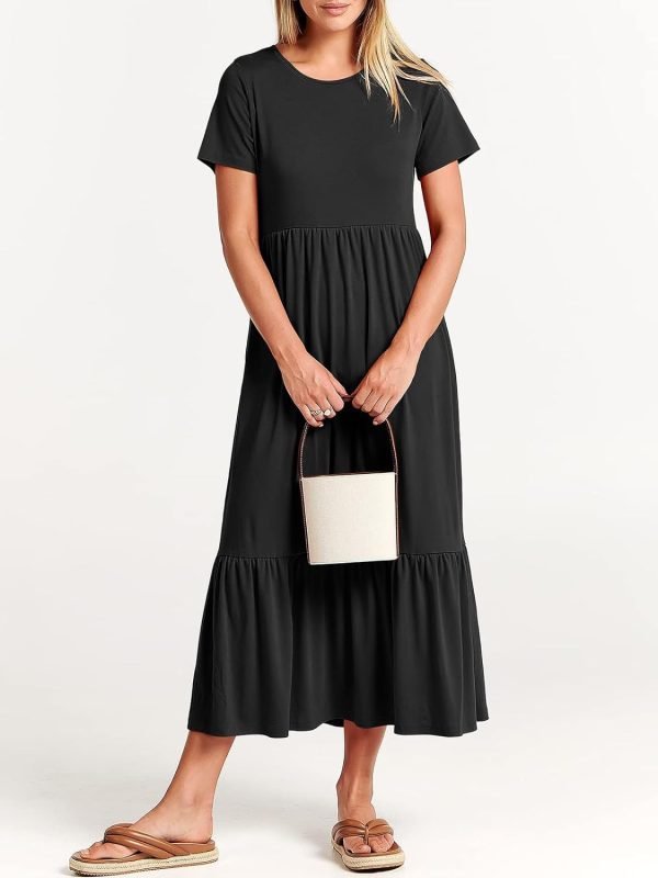 61Bl025a2YL._AC_SL1500 Women's Summer Casual Short Sleeve Crewneck Swing Dress Flowy Tiered Maxi Beach Dress with Pockets