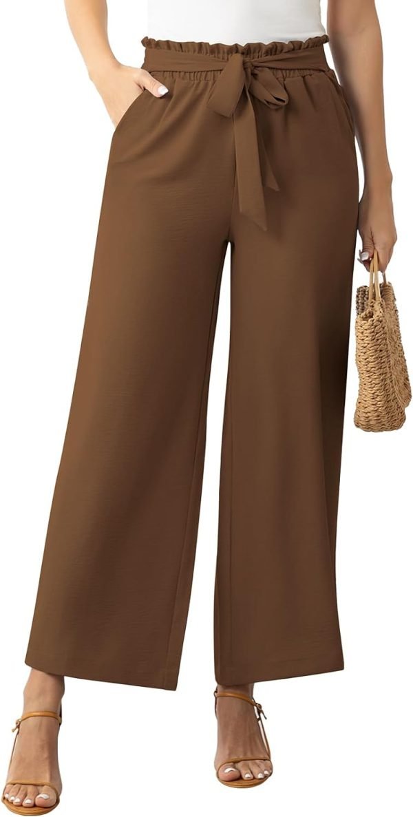 Womens Wide Leg Lounge Pants High Waisted Business Work Casual Pants Adjustable Tie Knot Loose Trousers with Pocket