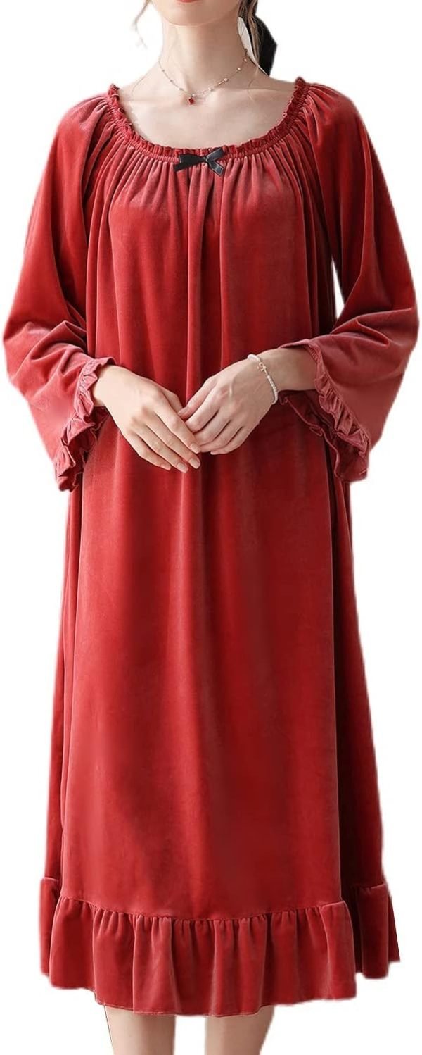 61CZ9ta6rmL._AC_SL1500 Women's Long Sleeve Nightgown Velvet Sleep Dress Ruffle Crew Neck Mid-length Nightdress