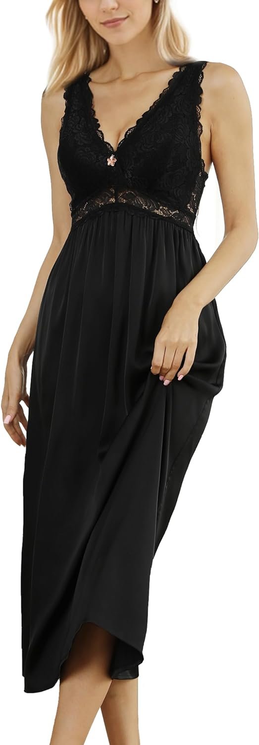 61DpYNTMZ-L._AC_SL1500 Womens Nightgown Long Sexy Silky V neck Chemise Lace Sleeveless Sleepwear for women Elegant