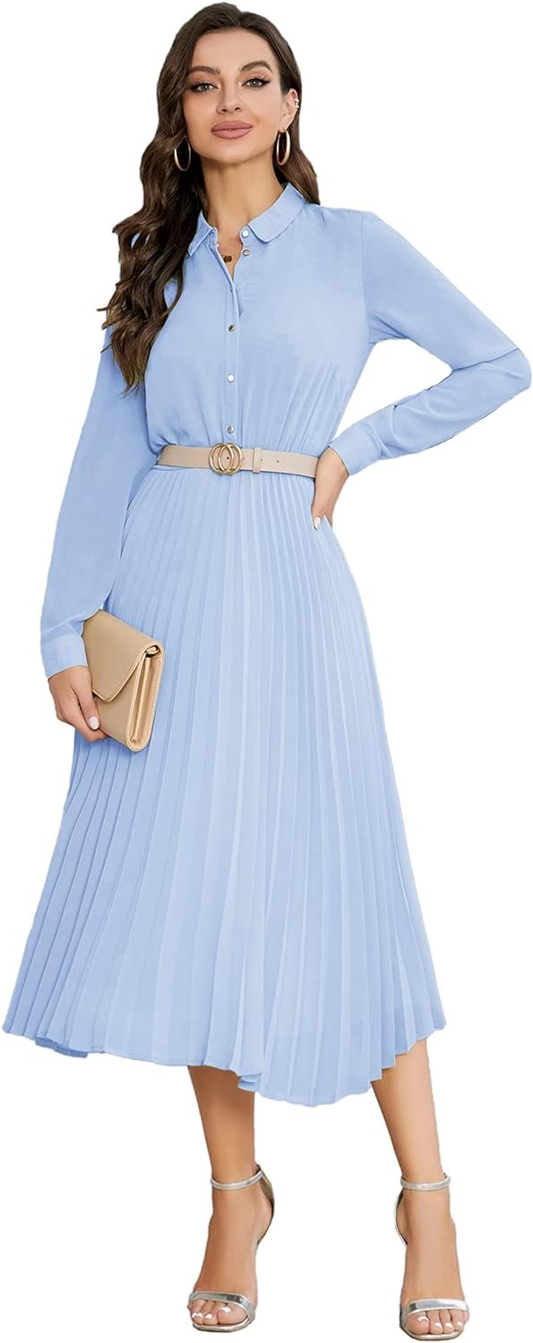 61Gx4fPXDtL._AC_SL1500 Business Casual Shirt Dress for Women Long Sleeves Pleated Midi Dresses with Belt