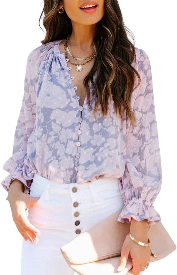 61HOKaMMBDL._AC_SL1500 Womens Casual Boho Floral Print V Neck Long Sleeve Blouses Button Down Shirts Dressy Chiffon Loose Ruffle Tops