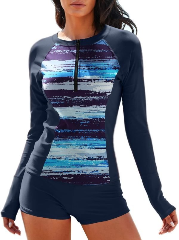 61HZeLp78hL._AC_SL1500 Women Two Piece Rash Guard Long Sleeve Half-Zipper UPF 50 Athletic Surfing Swimsuit