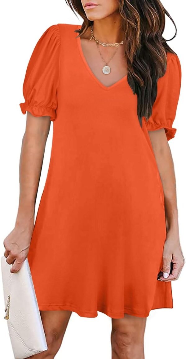 61HenMhGaXL._AC_SL1500 Women's Casual Dresses Puff Short Sleeve V-Neck Cocktail Dress with Pockets