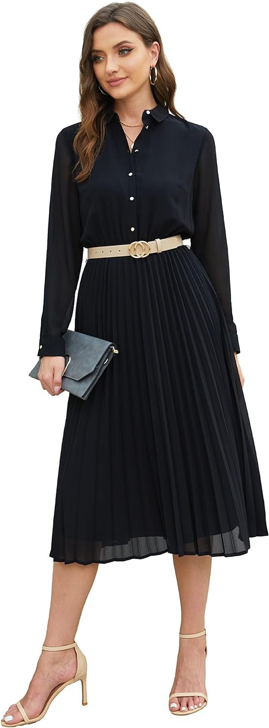 61IGAau0ywL._AC_SL1500 Business Casual Shirt Dress for Women Long Sleeves Pleated Midi Dresses with Belt