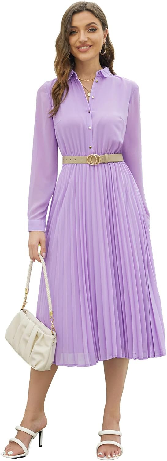 61IMf_tKzmL._AC_SL1500 Business Casual Shirt Dress for Women Long Sleeves Pleated Midi Dresses with Belt