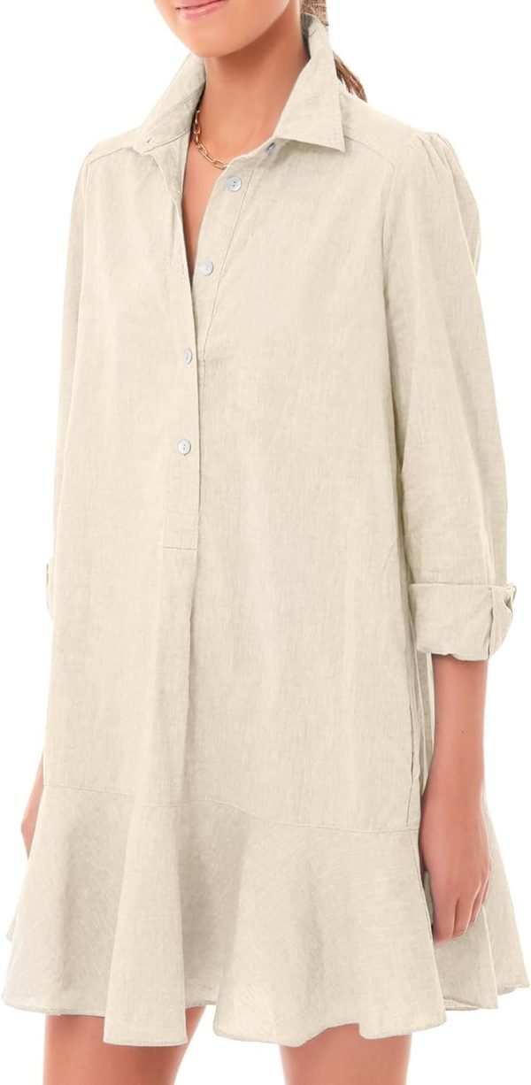 61IS31NJmuL._AC_SL1500 Women's Tunic Mini Shirt Dress Cotton Long Sleeve Ruffle Hem Dress Button Up Shift Chambray Dresses