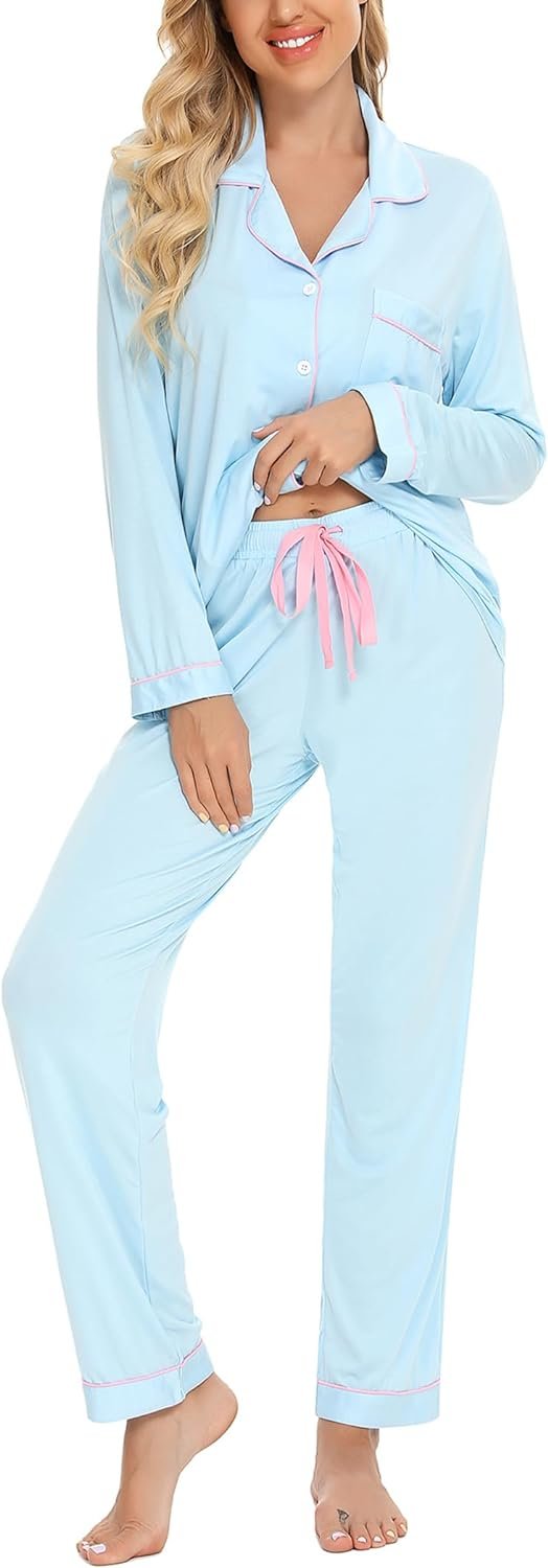 61Ju7LHJB-L._AC_SL1500 Pajamas Set Long Sleeve Womens Button Down Sleepwear Two Piece Nightwear Soft Pj Lounge Sets S-XXL