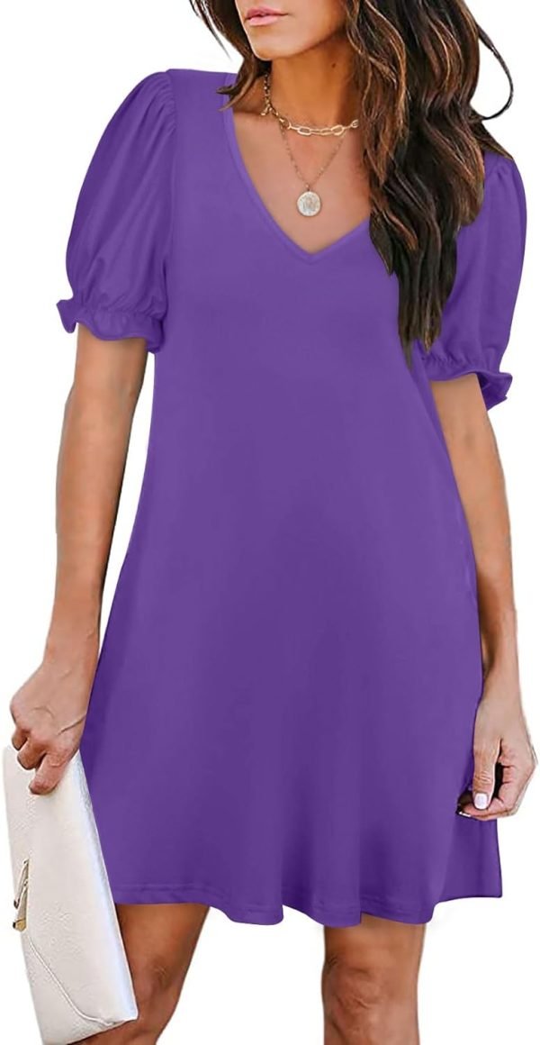 61KMiNUCLBL._AC_SL1500 Women's Casual Dresses Puff Short Sleeve V-Neck Cocktail Dress with Pockets