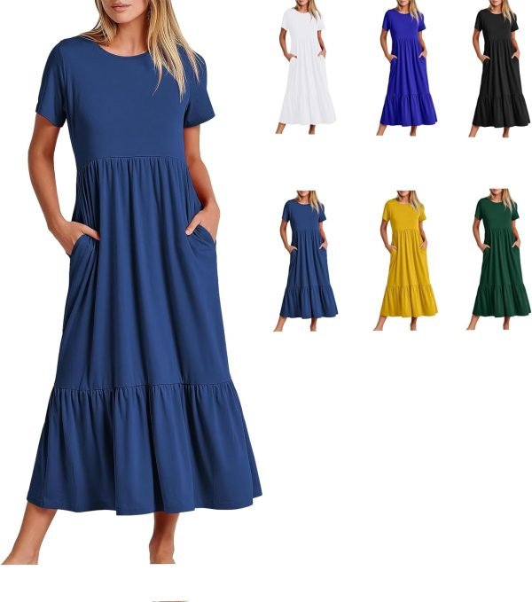 Womens Summer Dresses Casual Short Sleeve Crewneck Swing Dress Casual Tiered t Shirt Dress with Pockets 2024 Trendy Outfits
