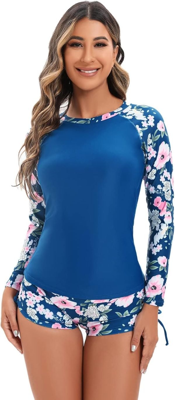61MN8zAdc3L._AC_SL1500 Women 2 Piece Rash Guard Long Sleeve Swimsuits Swim Shirt with Shorts Set Sun Protection UPF 50+ Surf Bathing Suits