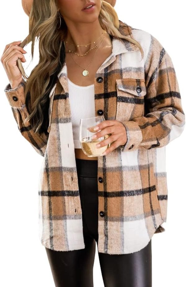 61MQqc51uOL._AC_SL1200 Trendy Queen Womens Flannel Shacket Jacket Casual Plaid Button Down Long Sleeve Shirt Fall Clothes Outfits