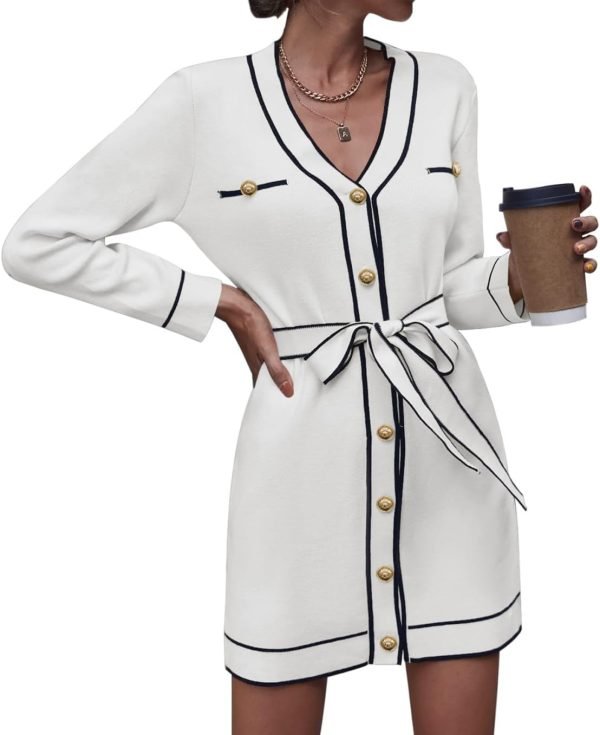 61N6tBenQFL._AC_SL1358 Pink Queen Women's V Neck Long Sleeve Mini Dress Elegant Button Down Open Front Color Block Knit Sweater Cardiagns with Belt