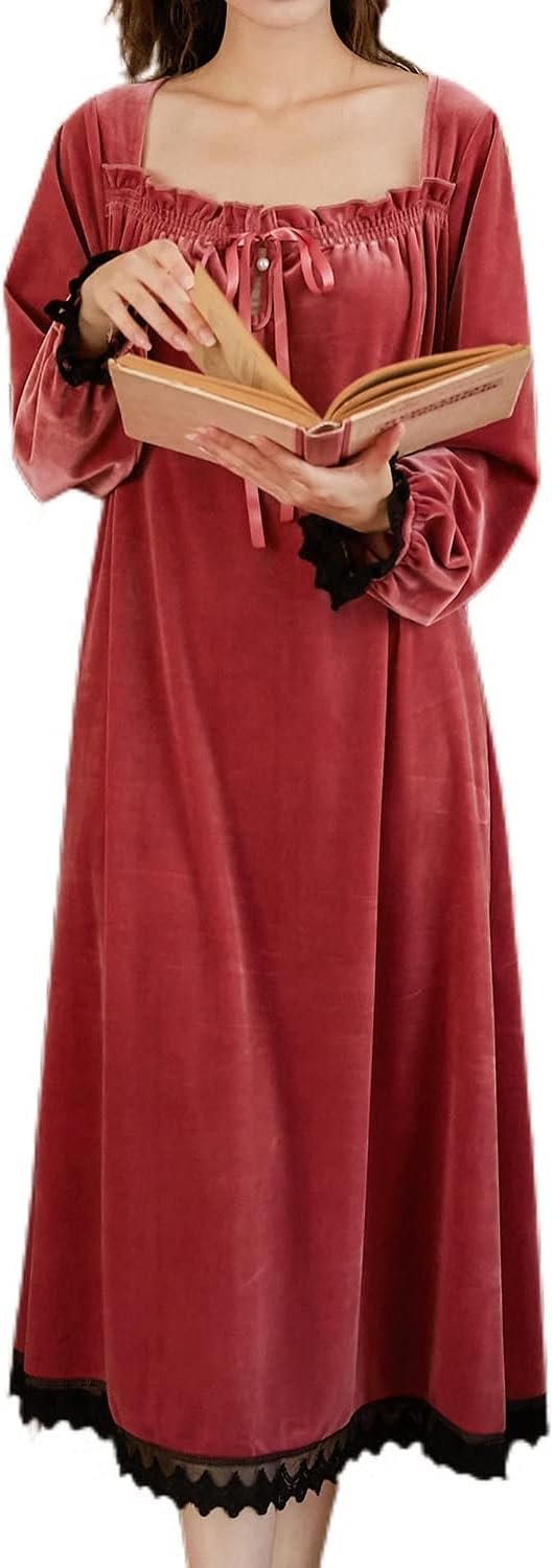 61OmTX6uFBL._AC_SL1500 Women's Long Sleeve Nightgown Velvet Sleep Dress Ruffle Crew Neck Mid-length Nightdress