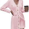 61P5xU_x0zL._AC_SL1358 Pink Queen Women's V Neck Long Sleeve Mini Dress Elegant Button Down Open Front Color Block Knit Sweater Cardiagns with Belt